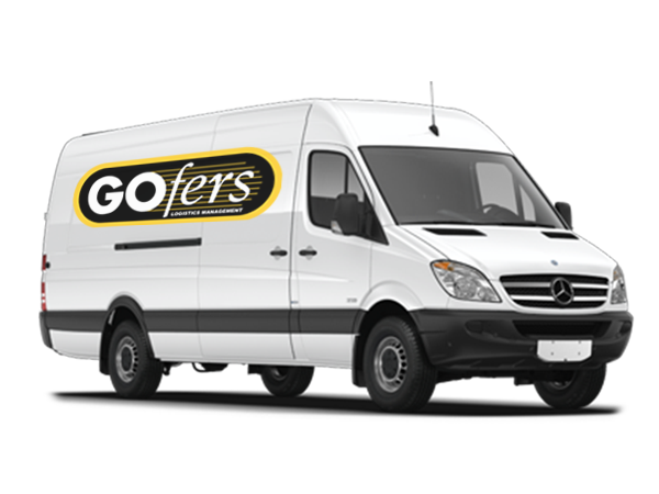 White sprinter van with logo on the side.