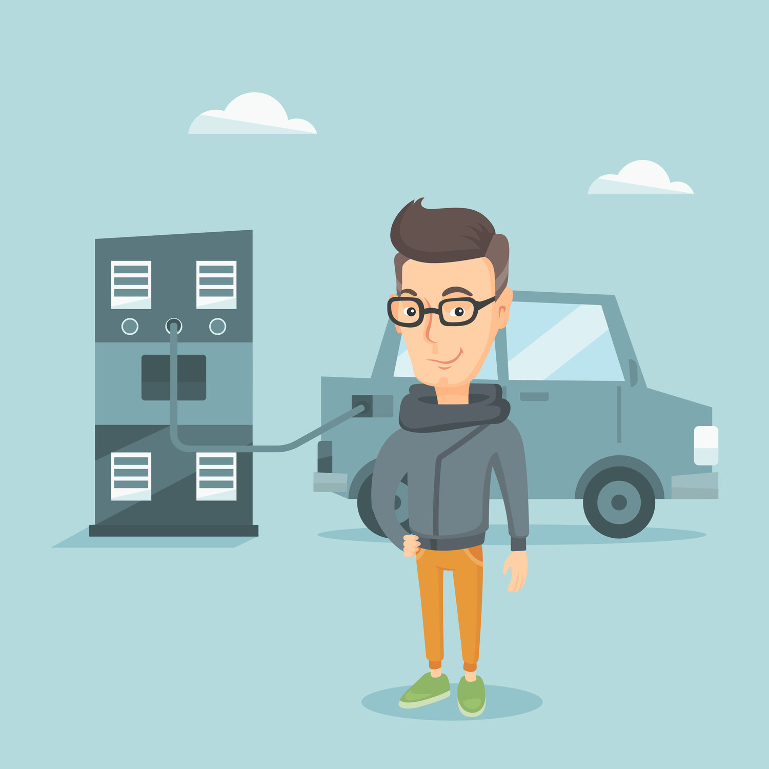 Young caucasian man charging electric car at charging station. Man standing near power supply for electric car. Charging of electric car. Vector flat design illustration.