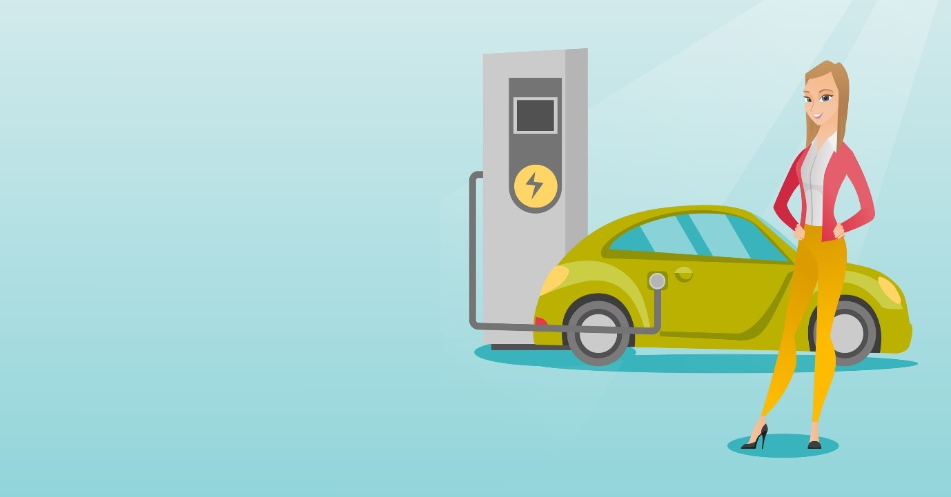 Animated woman charging her green electric car.