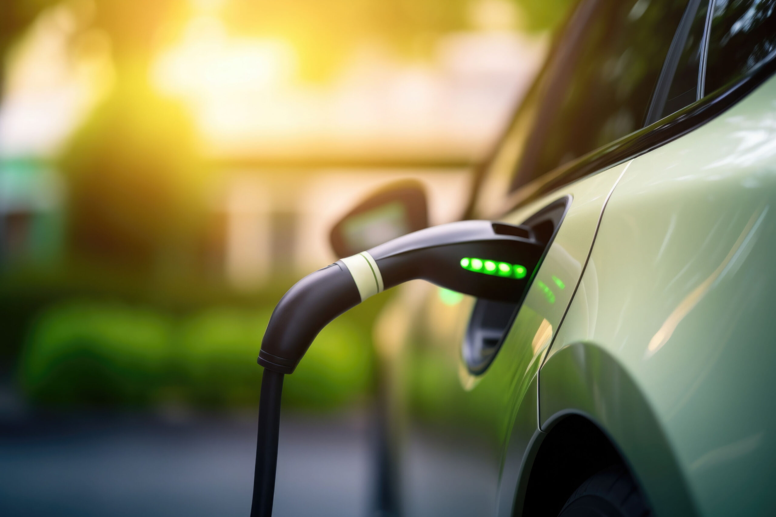 Electric car at charging station with the power cable supply plugged in. Generative AI